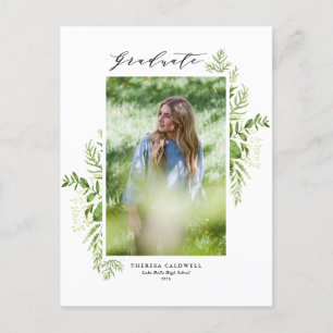 Watercolor Wild Greenery White Photo Graduation Postcard