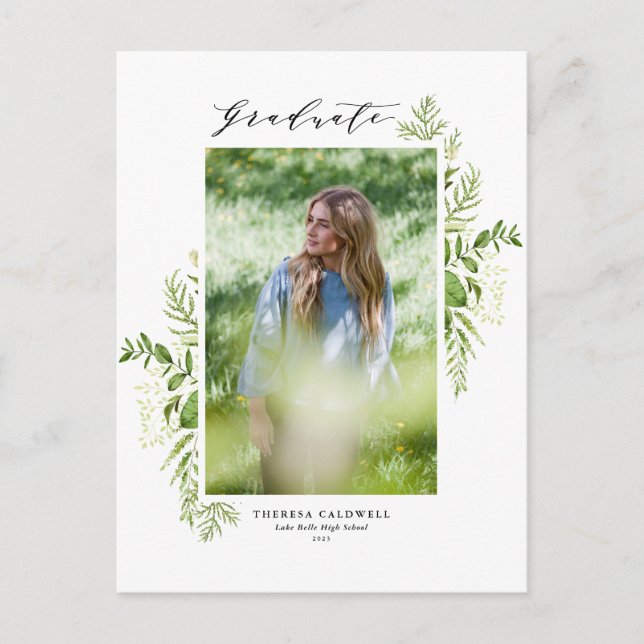 Watercolor Wild Greenery White Photo Graduation Postcard (Front)