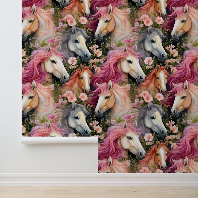 Watercolor Wild Horses Flowing Mane Flowers Wallpaper (Application)