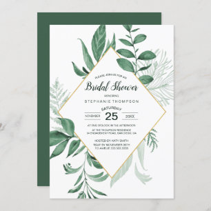 Watercolor Wild Leaves Hunter Green Bridal Showe Invitation