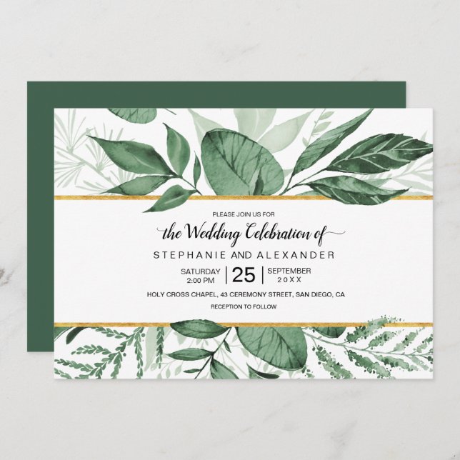 Watercolor Wild Leaves Hunter Green Wedding Invitation (Front/Back)
