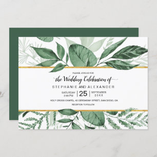 Watercolor Wild Leaves Hunter Green Wedding Invitation