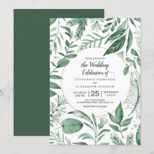 Watercolor Wild Leaves Hunter Green Wedding Invitation