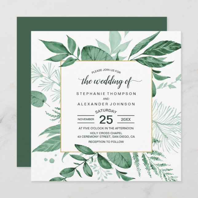 Watercolor Wild Leaves Hunter Green Wedding Invitation (Front/Back)