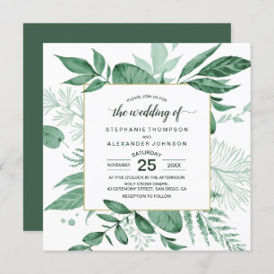 Watercolor Wild Leaves Hunter Green Wedding Invitation