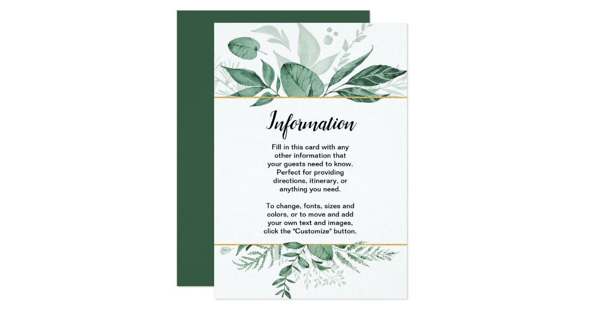 Watercolor Wild Leaves Hunter Green Wedding Invitation