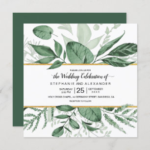 Watercolor Wild Leaves Hunter Green Wedding Invitation