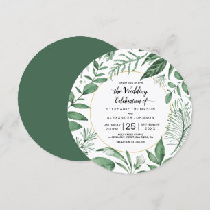 Watercolor Wild Leaves Hunter Green Wedding Invitation