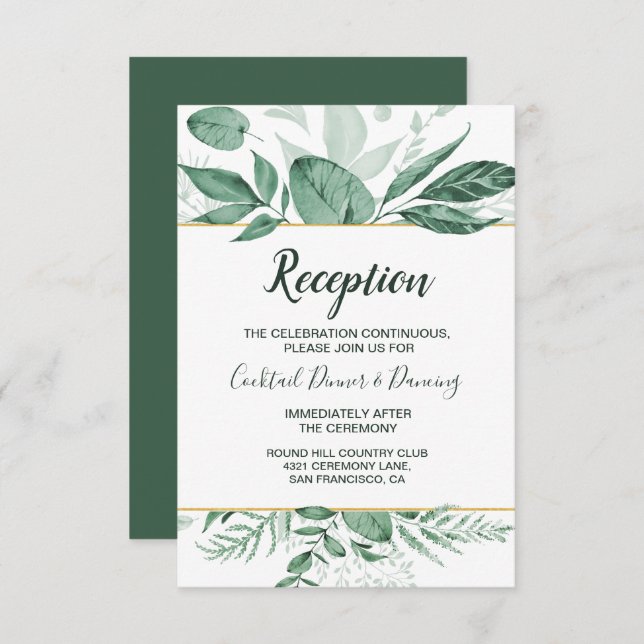 Watercolor Wild Leaves Hunter Green Wedding Invitation (Front/Back)