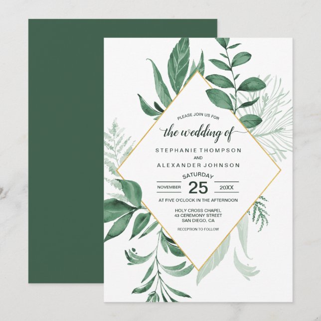 Watercolor Wild Leaves Hunter Green Wedding Invitation (Front/Back)