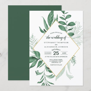 Watercolor Wild Leaves Hunter Green Wedding Invitation