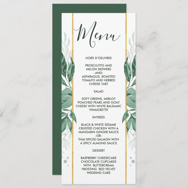 Watercolor Wild Leaves Hunter Green Wedding Menu (Front/Back)