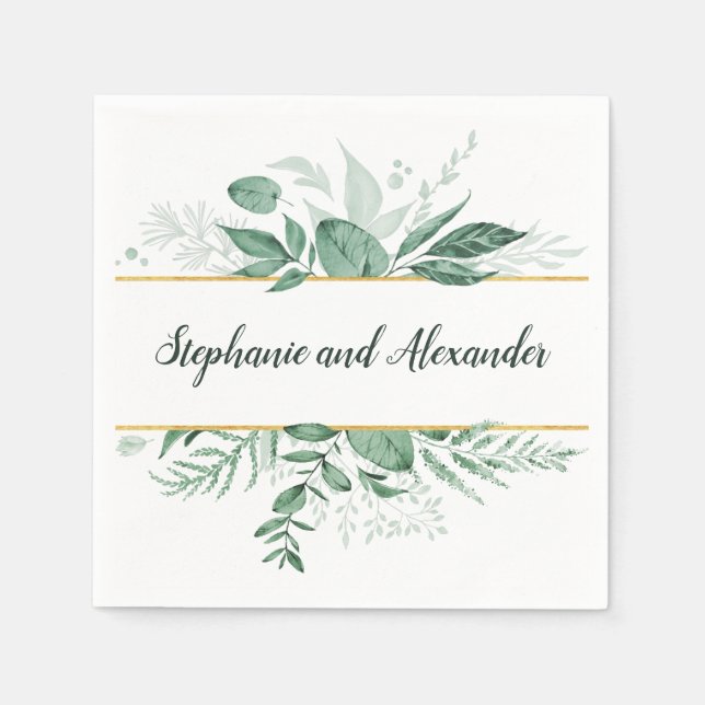 Watercolor Wild Leaves Hunter Green Wedding Napkin (Front)