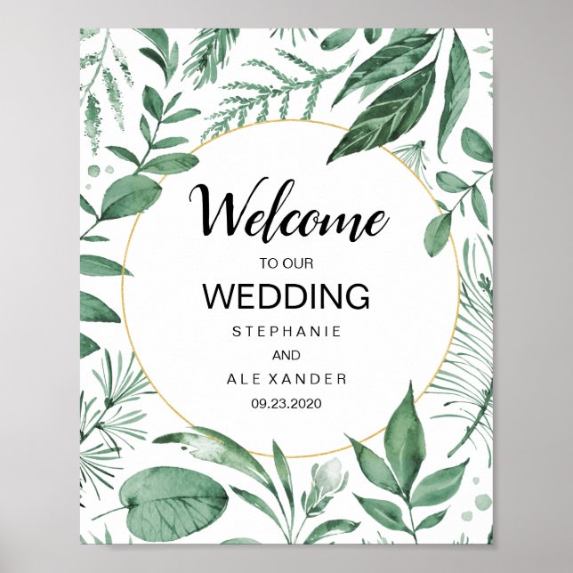 Watercolor Wild Leaves Hunter Green Wedding Poster (Front)