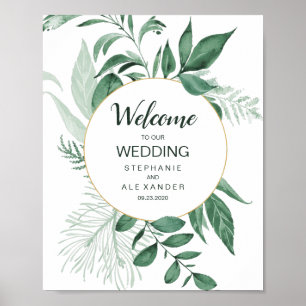 Watercolor Wild Leaves Hunter Green Wedding Poster