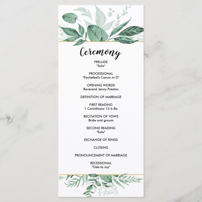 Watercolor Wild Leaves Hunter Green Wedding Programme (Front)