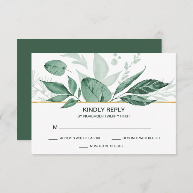 Watercolor Wild Leaves Hunter Green Wedding RSVP Card (Front/Back)