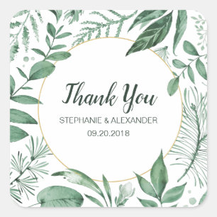 Watercolor Wild Leaves Hunter Green Wedding Square Sticker
