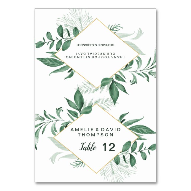 Watercolor Wild Leaves Hunter Green Wedding Table Number (Front)