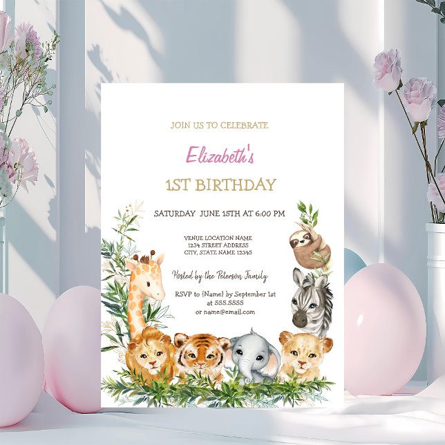 Watercolor Wild One Animals Jungle Tropical 1st   Invitation (Creator Uploaded)
