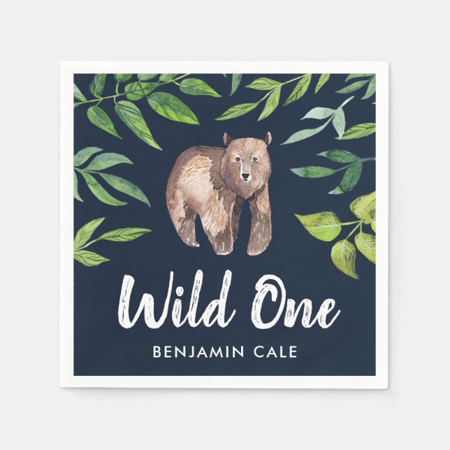 Watercolor Wild One Bear First Birthday | Navy Napkin (Front)