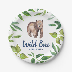 Watercolor Wild One Bear First Birthday White Paper Plate