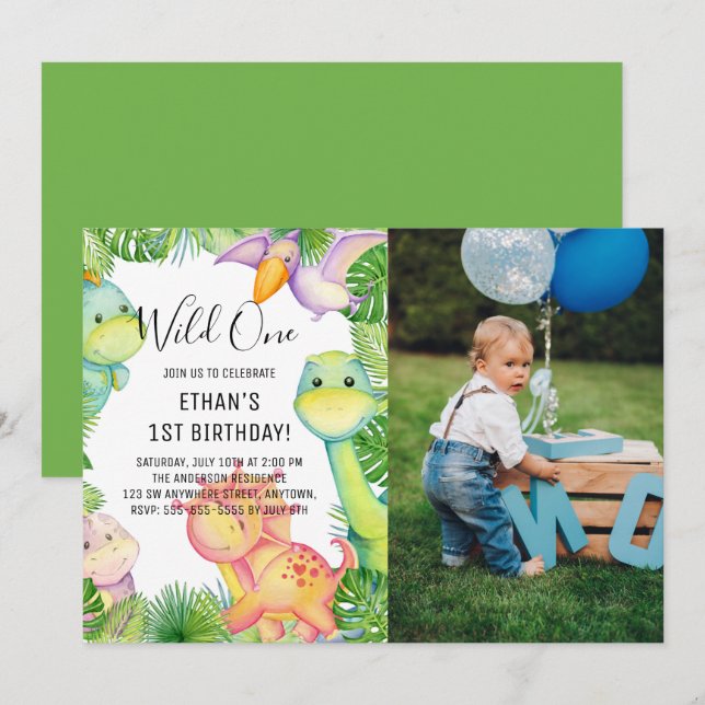 Watercolor Wild One Dinosaur 1st Birthday Photo Invitation (Front/Back)