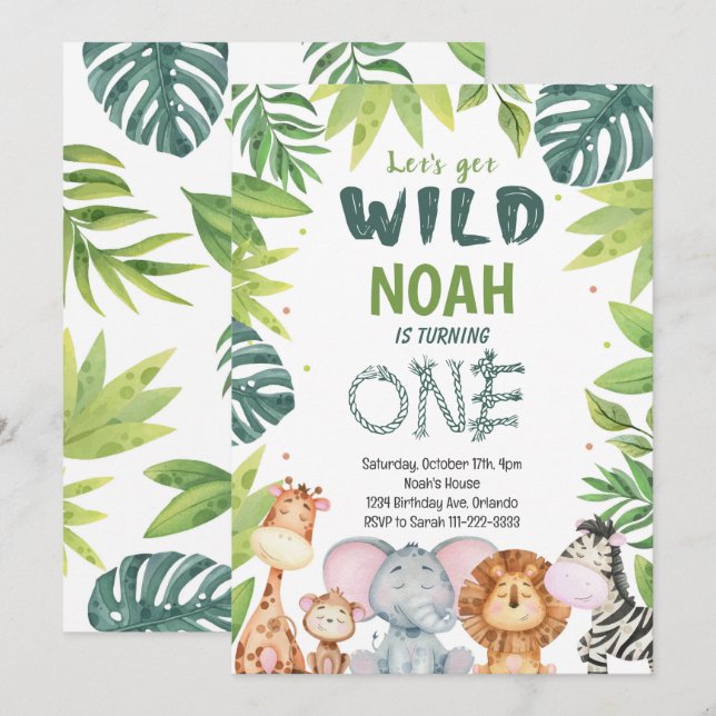 Watercolor Wild One Safari 1st Birthday Invitation (Front/Back)