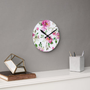 Watercolor Wild Rose Pattern Round Clock
