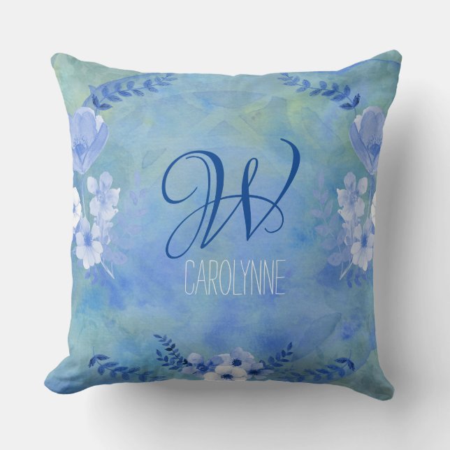 Watercolor Wild Roses Blue Yellow Painterly Flower Cushion (Front)