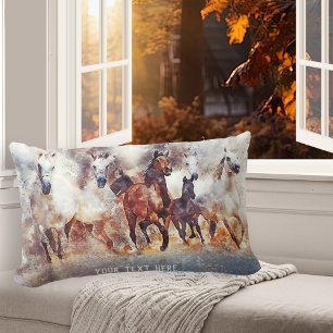 Watercolor Wild Running Horses Lumbar Cushion