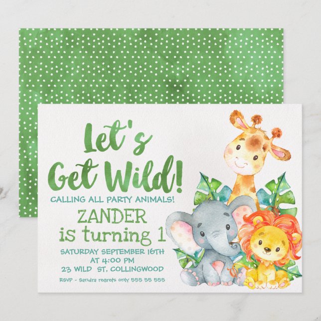 Watercolor Wild Safari Animals Birthday Invitation (Front/Back)