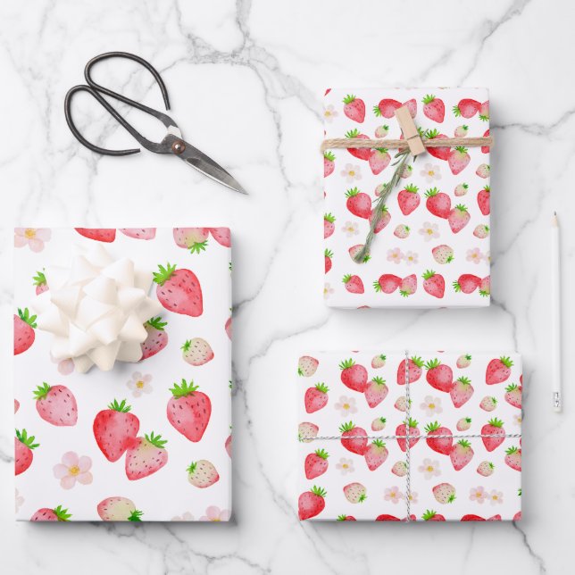 Watercolor Wild Strawberry Birthday Wrapping Paper Sheet (Front)