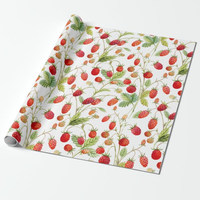 Watercolor Wild Strawberry Pattern  Wrapping Paper (Unrolled)