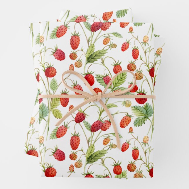 Watercolor Wild Strawberry Pattern Wrapping Paper Sheet (In situ)