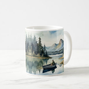 Watercolor Wilderness Fishing Lake in Boat Coffee Mug