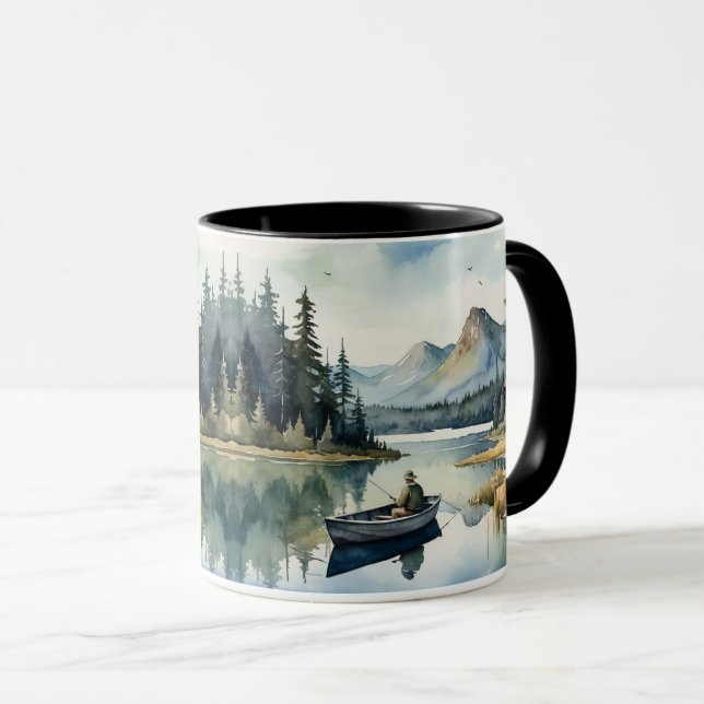 Watercolor Wilderness Fishing Lake in Boat Mug (Front Right)