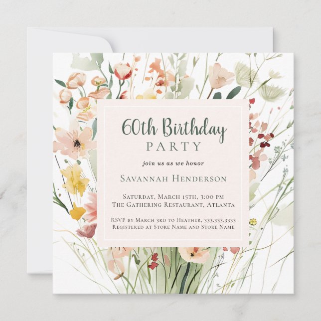 Watercolor Wildflower 60th Birthday Party Invitation (Front)