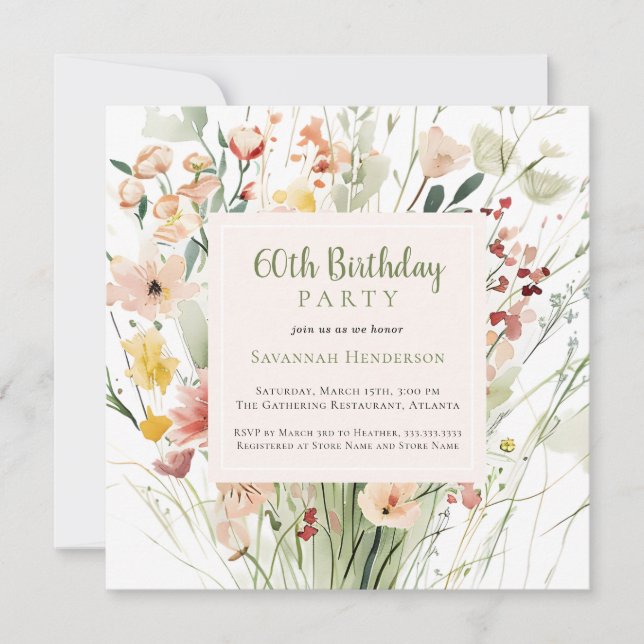 Watercolor Wildflower 60th Birthday Party Invitation (Front)