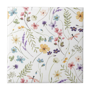 Watercolor Wildflower And Butterflies Pattern Tile