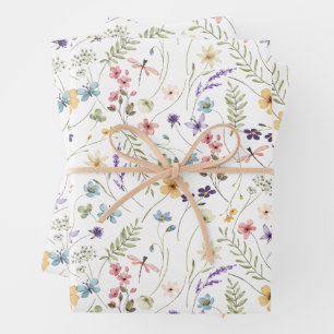 Watercolor Wildflower And Butterflies Pattern  Wrapping Paper Sheet