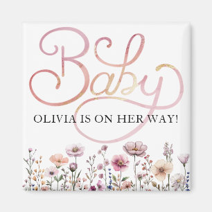 Watercolor Wildflower Baby Girl Arrival Magnet – D