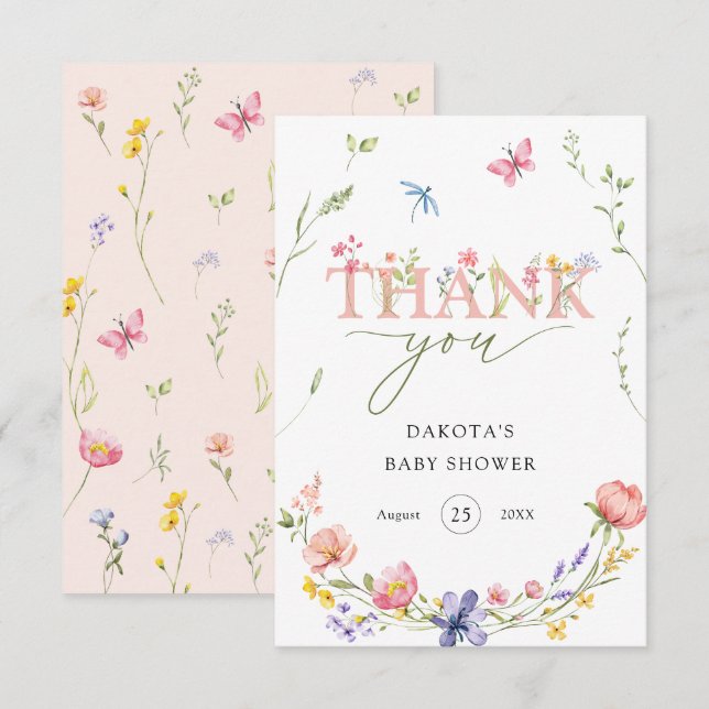 Watercolor Wildflower Baby in Bloom Welcome Thank You Card (Front/Back)
