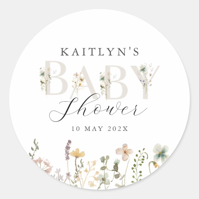 Watercolor Wildflower Baby Shower Classic Round Sticker (Front)