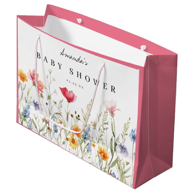 Watercolor Wildflower Baby Shower Large Gift Bag (Front Angled)