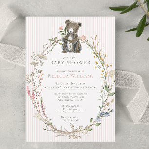 Watercolor Wildflower Baby Shower Woodland Bear Invitation