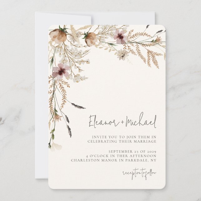 Watercolor Wildflower Beige Wedding Invitation (Front)
