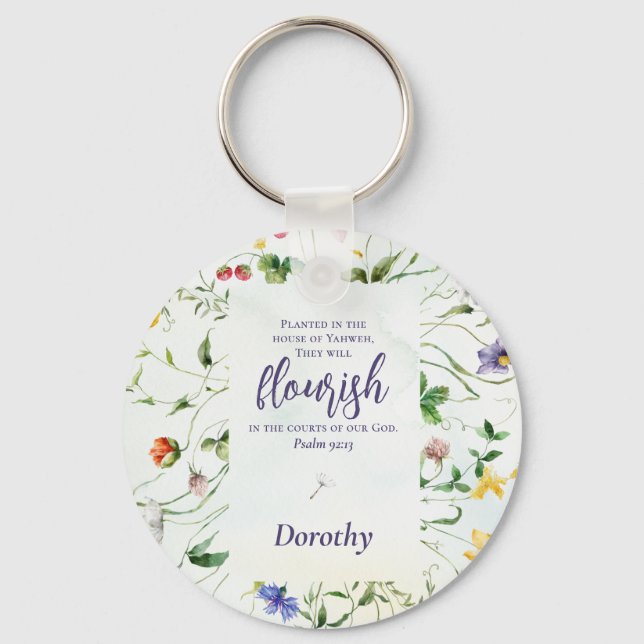 Watercolor Wildflower Bible Verse Personalised Key Ring (Front)