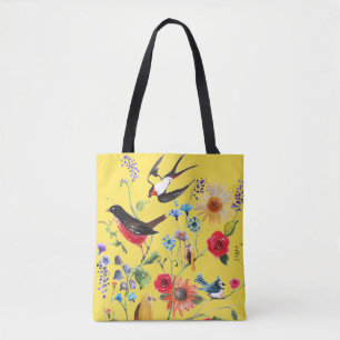 Watercolor Wildflower Birds Tote Bag
