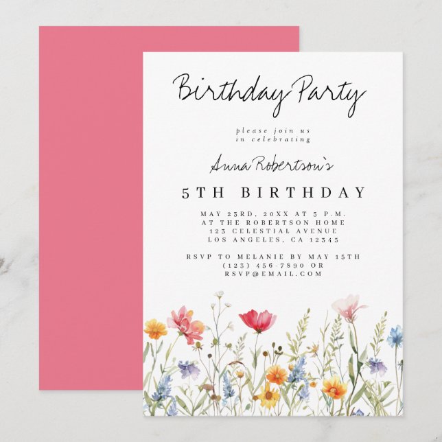 Watercolor Wildflower Birthday Party Invitation (Front/Back)